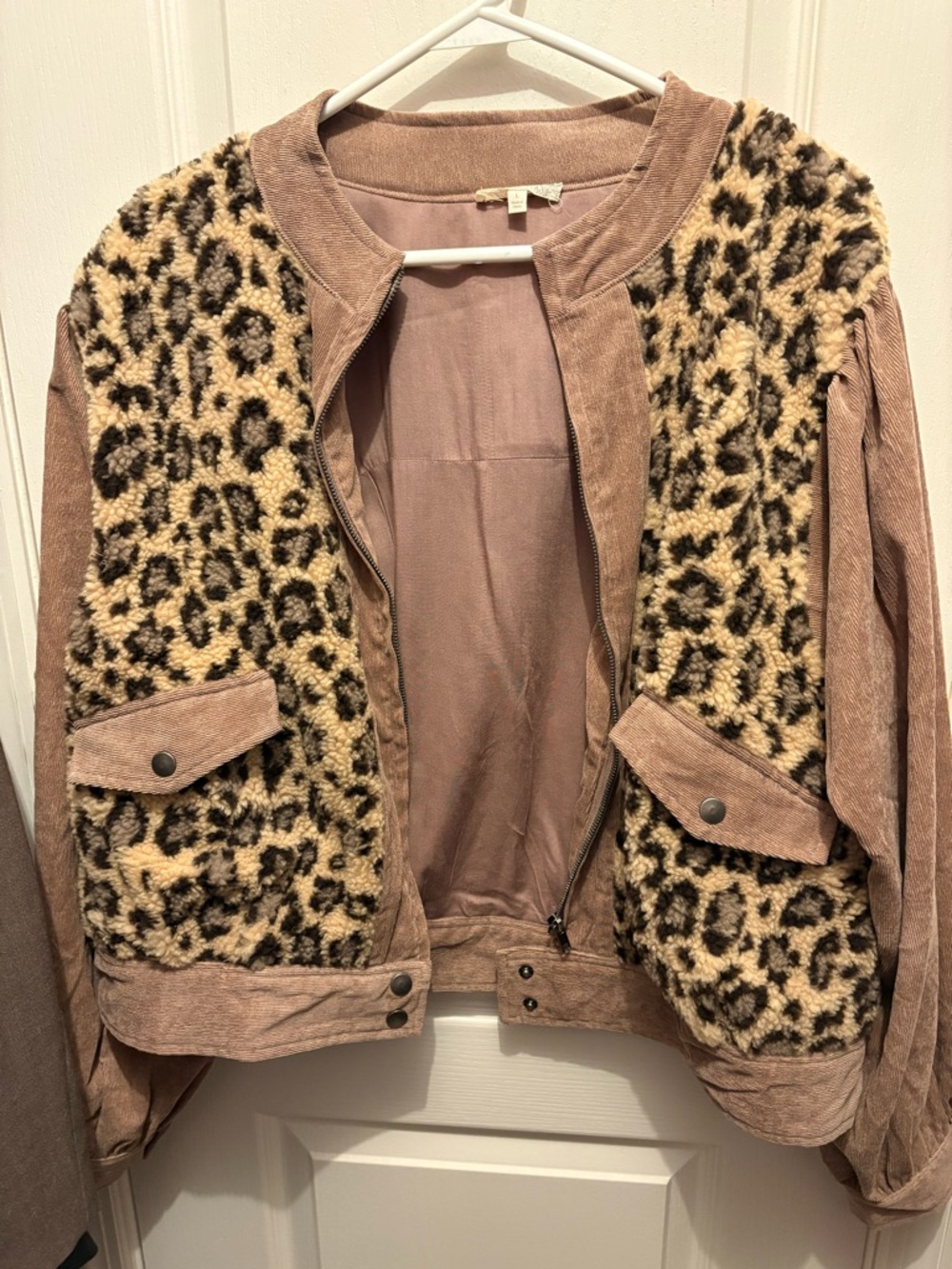 Mystree Dusty Rose Bomber Jacket with Leopard Sherpa Panels
